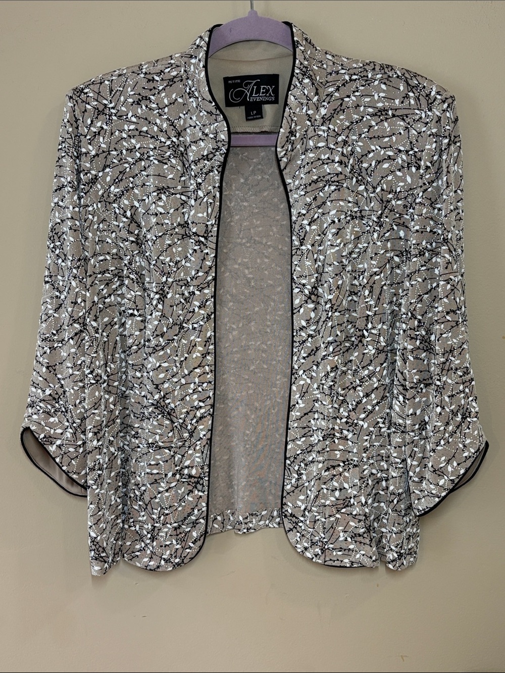 Alex Evenings Taupe Printed Open-Front Jacket with Black Trim, LP